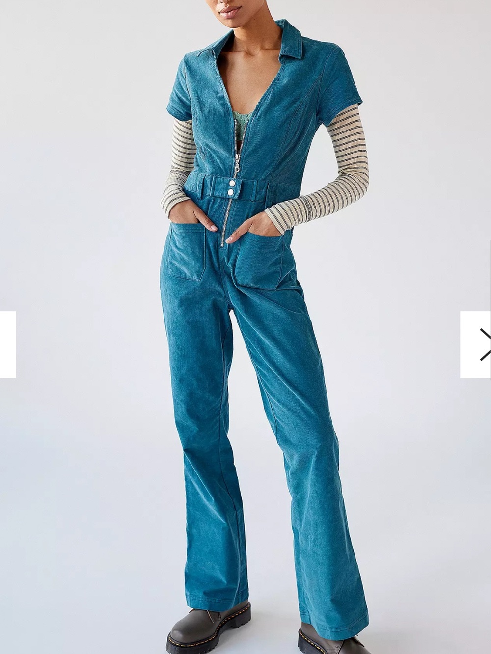 BDG Rue Teal Corduroy Short-Sleeve Zip Jumpsuit with Belted Waist